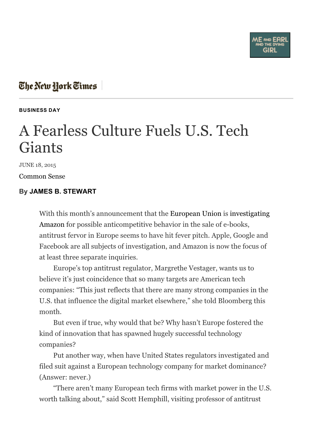 A Fearless Culture Fuels U.S. Tech Giants ­ the New York Times