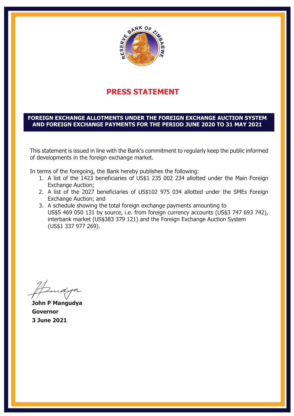 Foreign Exchange Allotments Under the Foreign Exchange Auction System and Foreign Exchange Payments for the Period June 2020 to 31 May 2021