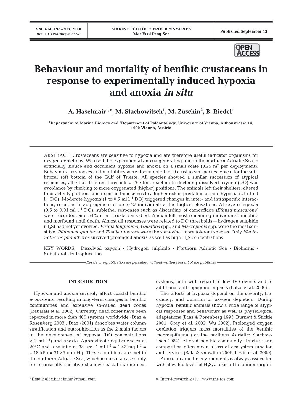 Behaviour and Mortality of Benthic Crustaceans in Response to Experimentally Induced Hypoxia and Anoxia in Situ