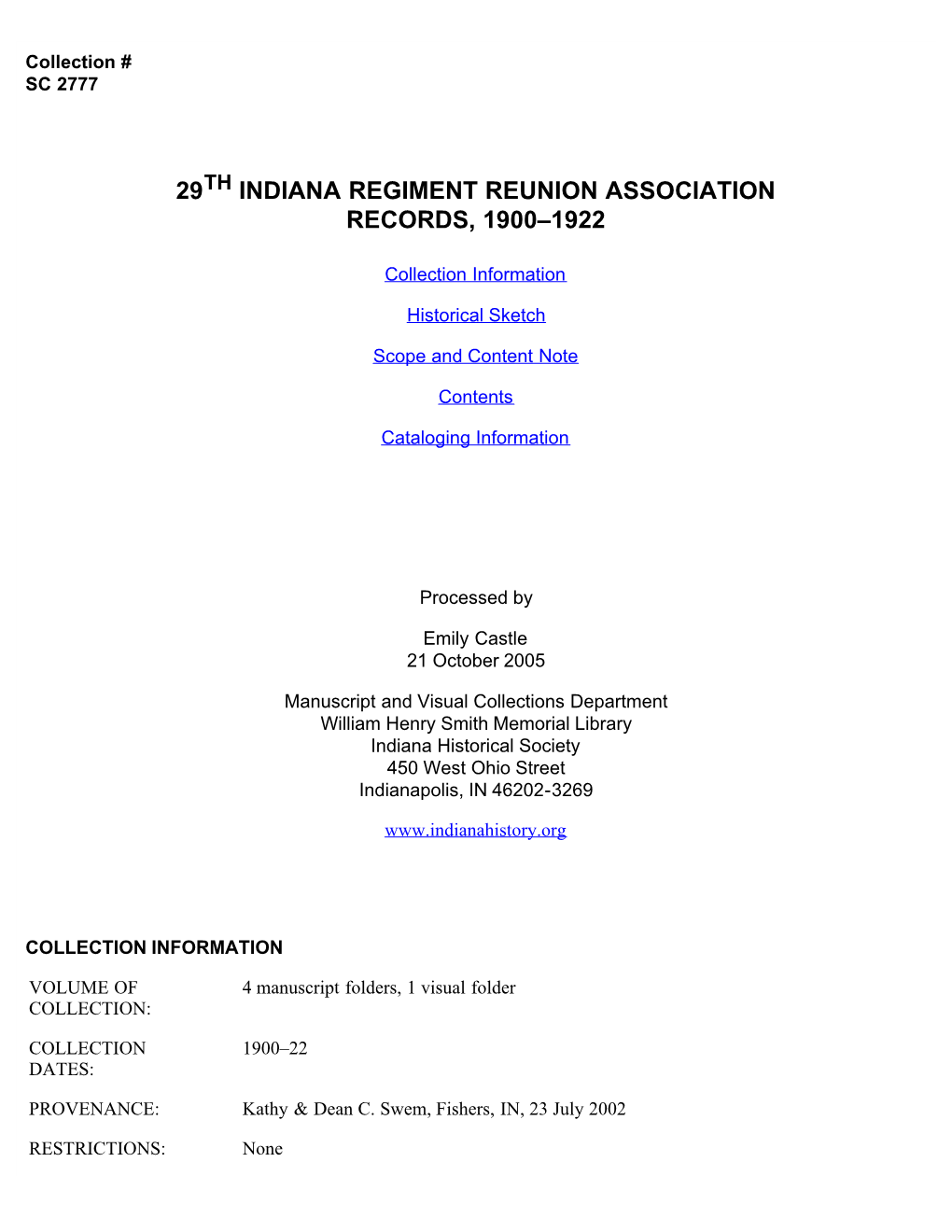 Indiana Regiment Reunion Association Records, 1900–1922