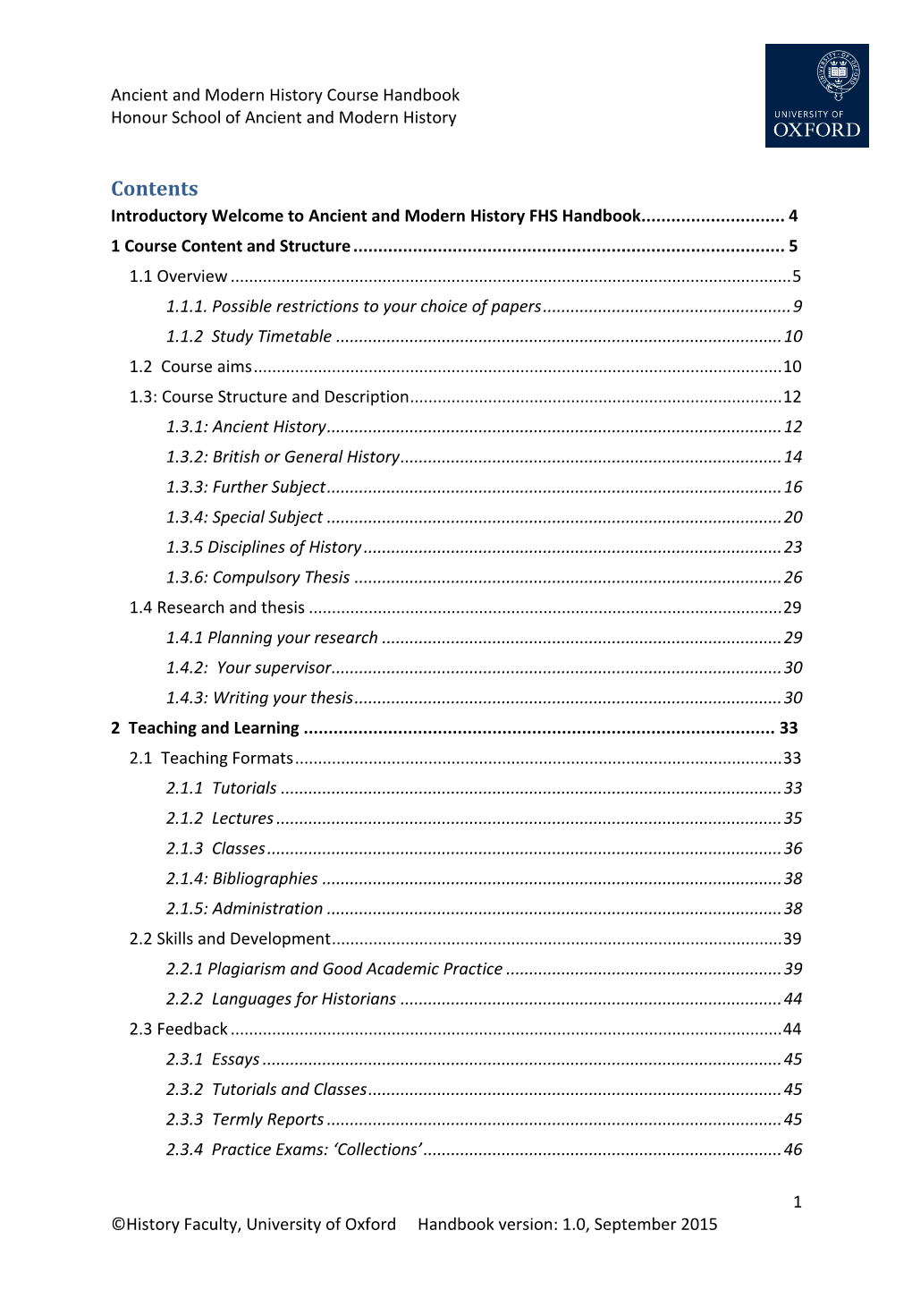 Ancient and Modern History Course Handbook Honour School of Ancient and Modern History