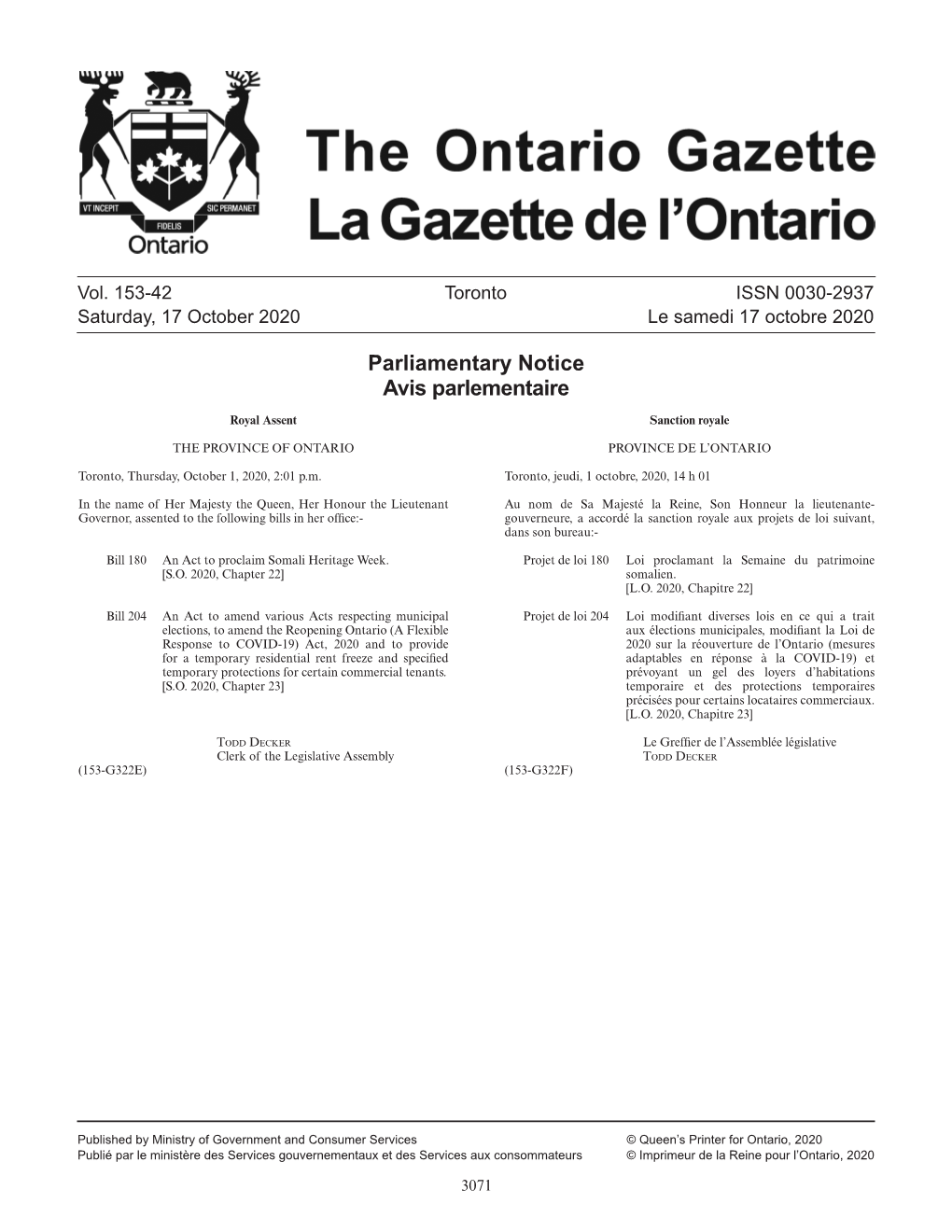 Ontario Gazette Volume 153 Issue 42, La Gazette De L'ontario Volume 153 Numéro 42