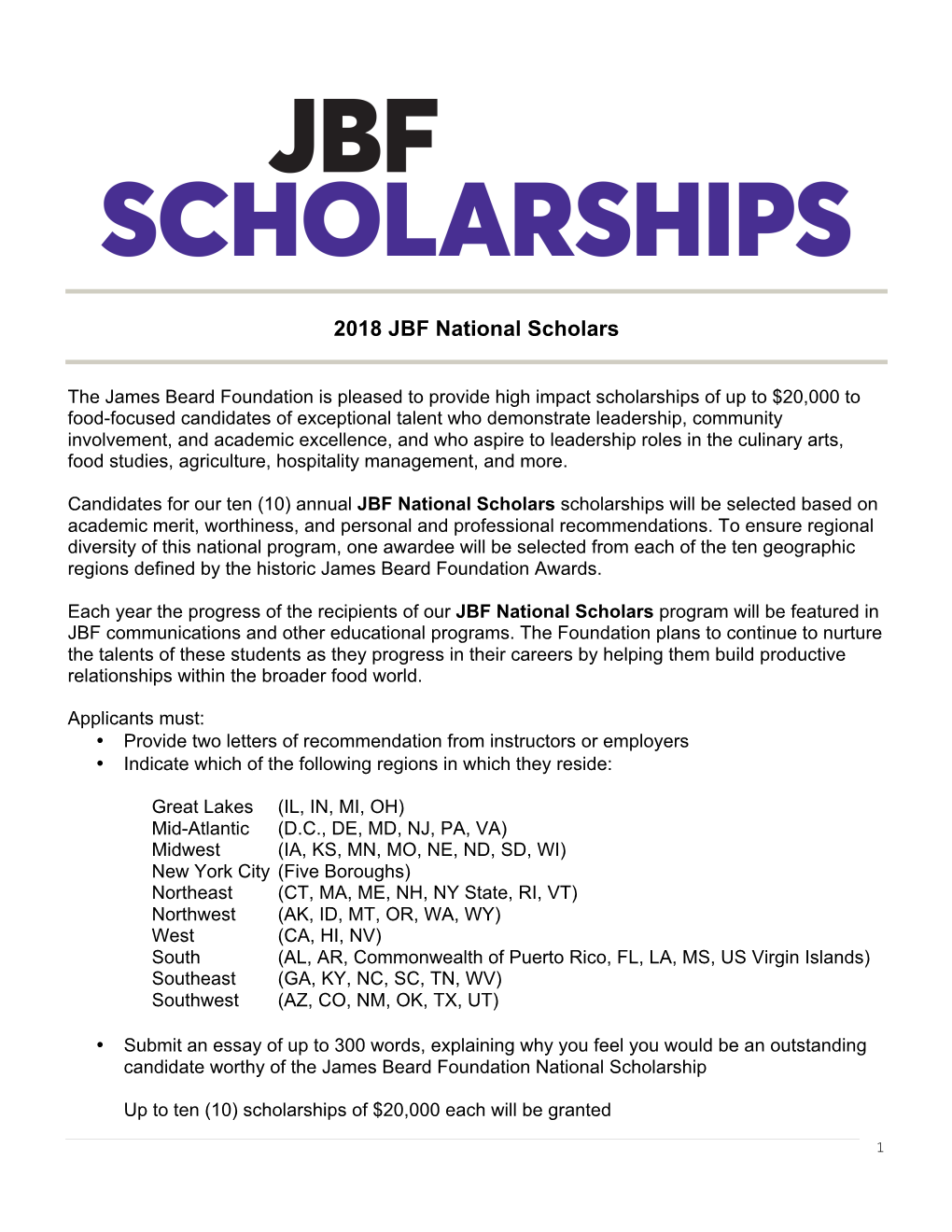 2018 JBF National Scholars