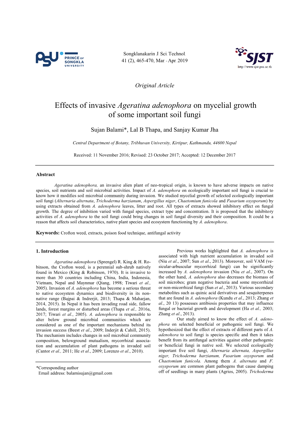 Effects of Invasive Ageratina Adenophora on Mycelial Growth of Some Important Soil Fungi