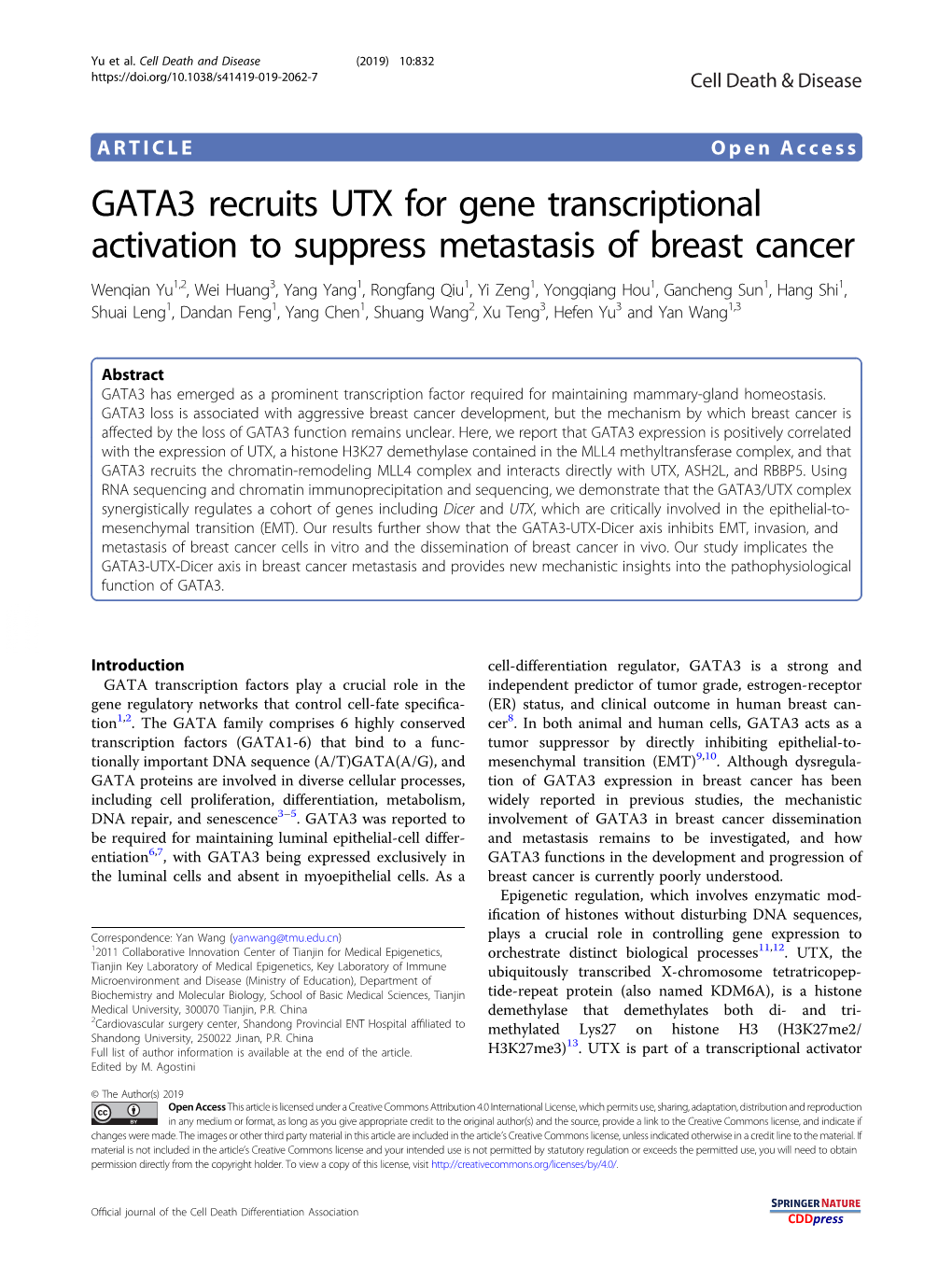 GATA3 Recruits UTX for Gene Transcriptional Activation To