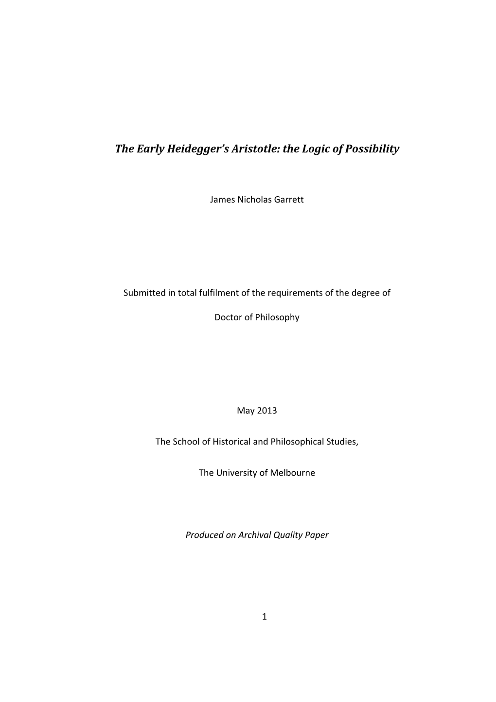 The Early Heidegger's Aristotle: the Logic of Possibility