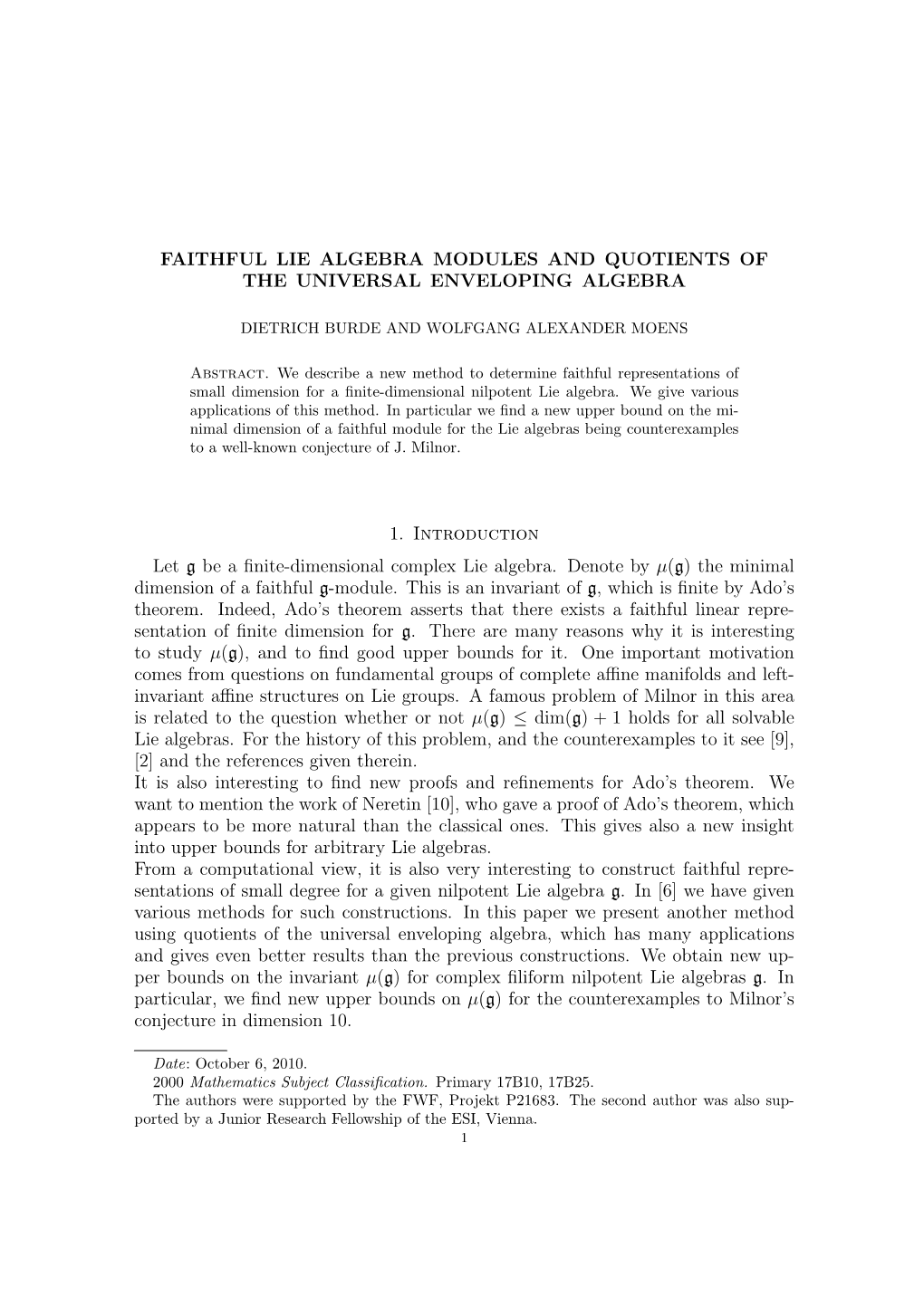 Faithful Lie Algebra Modules and Quotients of the Universal Enveloping Algebra