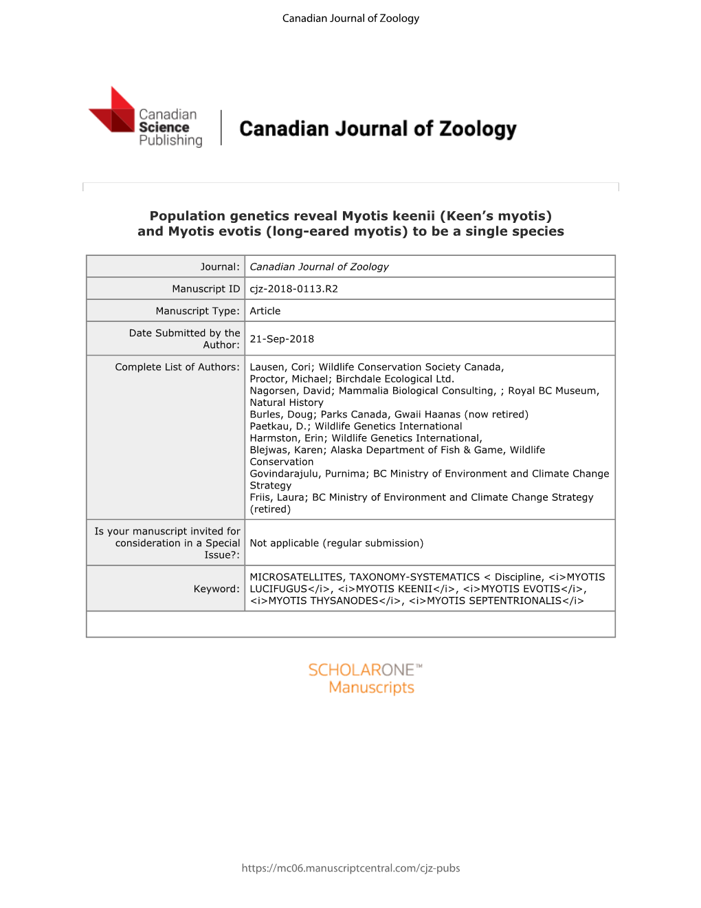 Population Genetics Reveal Myotis Keenii (Keen’S Myotis) and Myotis Evotis (Long-Eared Myotis) to Be a Single Species