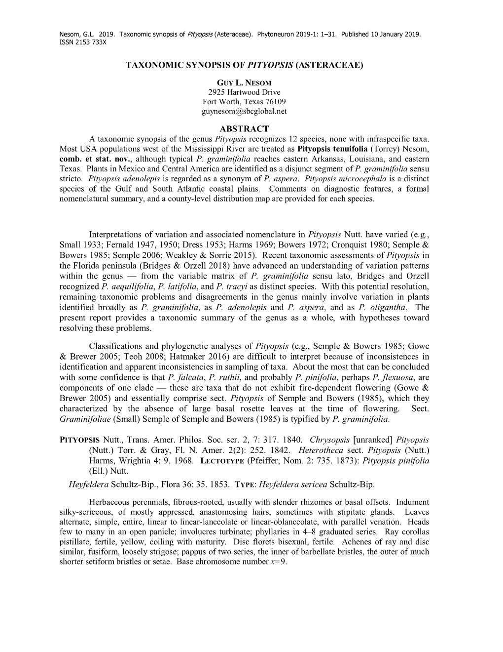 Taxonomic Synopsis of Pityopsis (Asteraceae)