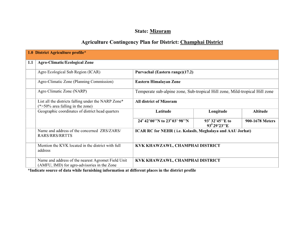 State: Mizoram Agriculture Contingency Plan for District: Champhai District