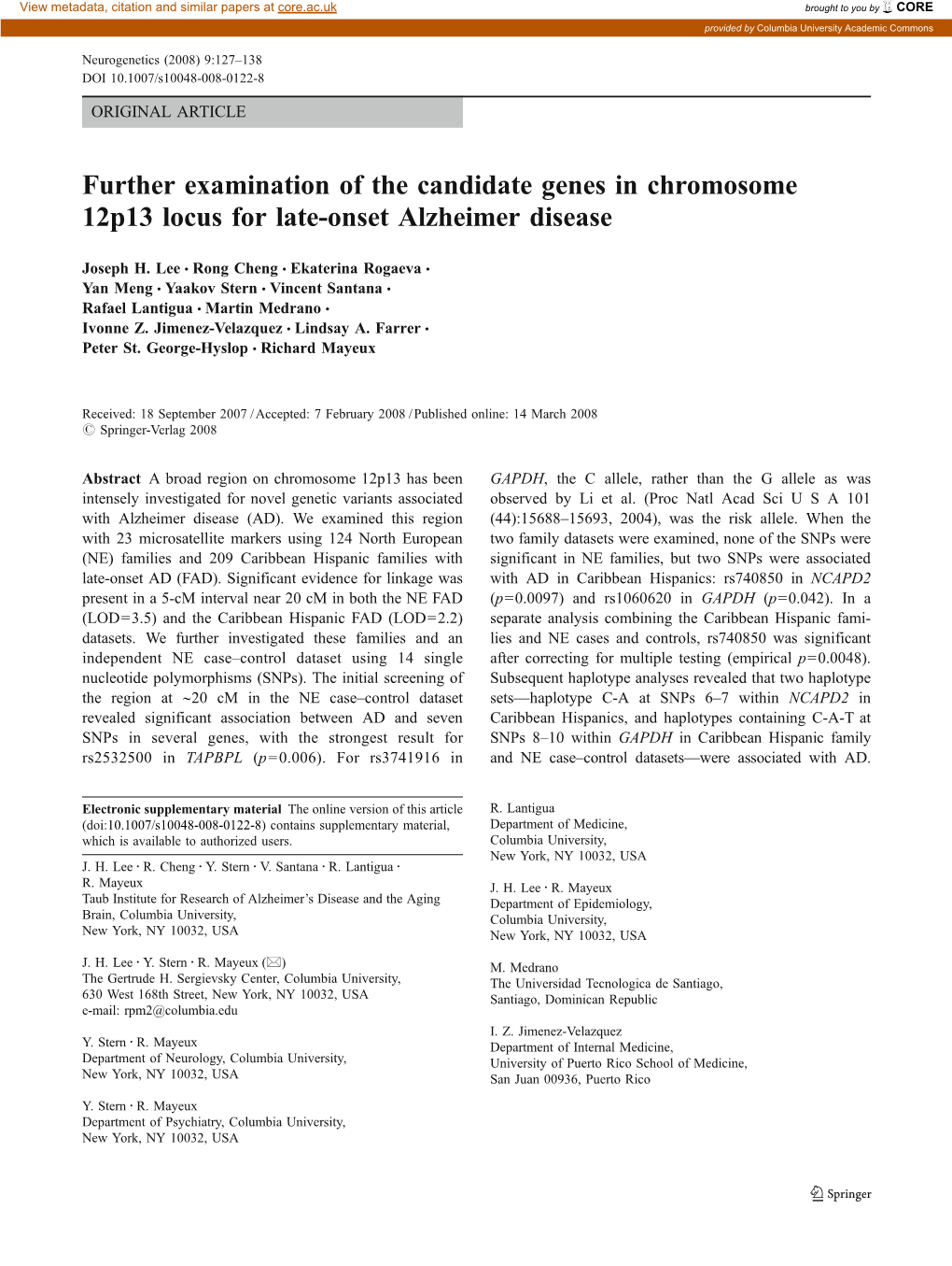 Further Examination of the Candidate Genes in Chromosome 12P13 Locus for Late-Onset Alzheimer Disease