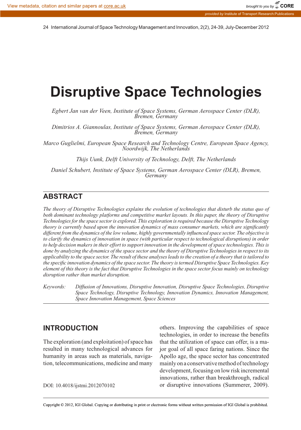 Disruptive Space Technologies