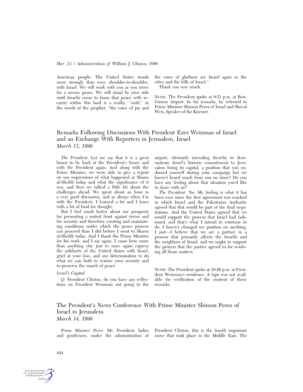 Remarks Following Discussions with President Ezer Weizman of Israel and an Exchange with Reporters in Jerusalem, Israel March 13, 1996