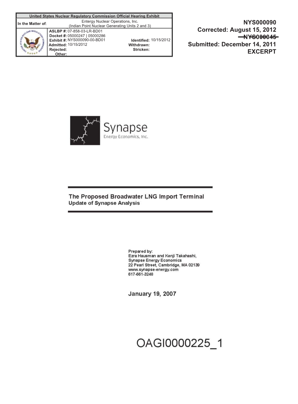 The Proposed Broadwater LNG Import Terminal Update of Synapse Analysis