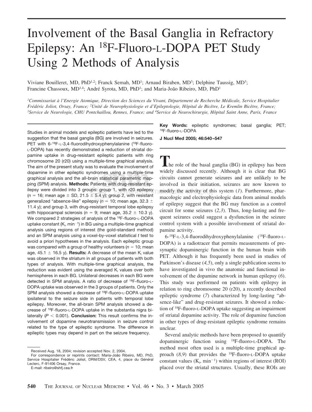 Involvement of the Basal Ganglia in Refractory Epilepsy: an 18F-Fluoro-L-DOPA PET Study Using 2 Methods of Analysis