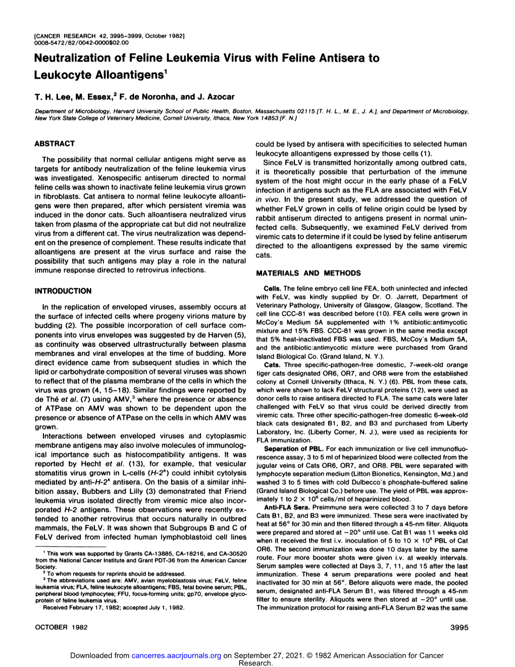 Neutralization of Feline Leukemia Virus with Feline Antisera to Leukocyte Alloantigens1