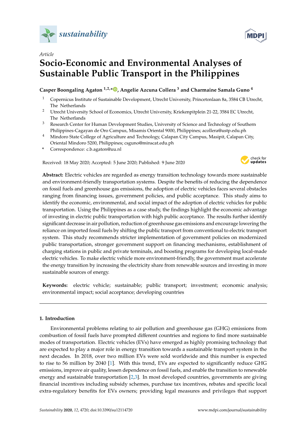 Socio-Economic and Environmental Analyses of Sustainable Public Transport in the Philippines