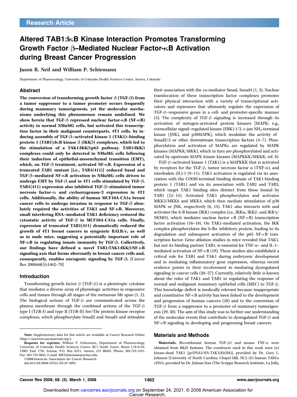 Altered TAB1:IKB Kinase Interaction Promotes Transforming Growth Factor B–Mediated Nuclear Factor-KB Activation During Breast Cancer Progression Jason R