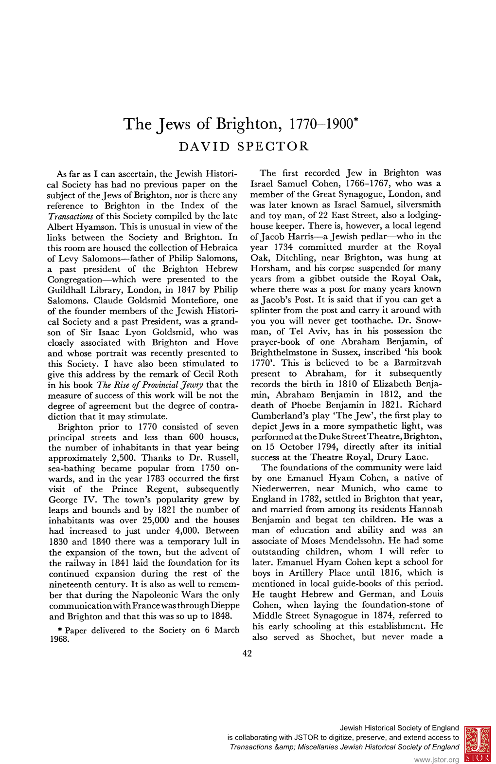 The Jews of Brighton, 1770-1900* DAVID SPECTOR