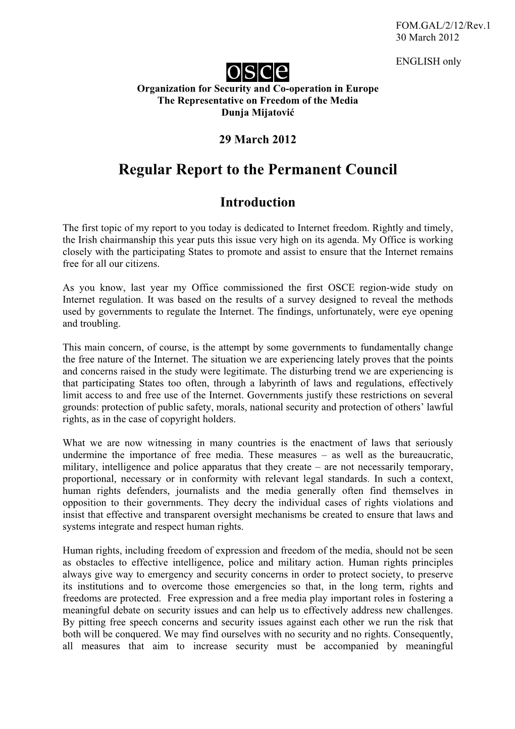 Regular Report to the Permanent Council