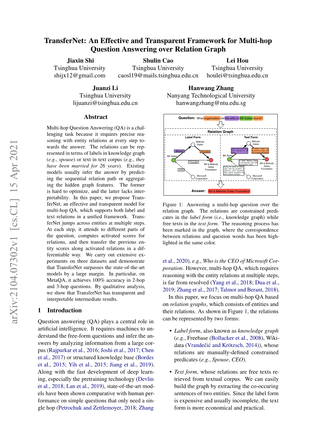 Arxiv:2104.07302V1 [Cs.CL] 15 Apr 2021 Question Answering (QA) Plays a Central Role in Artiﬁcial Intelligence