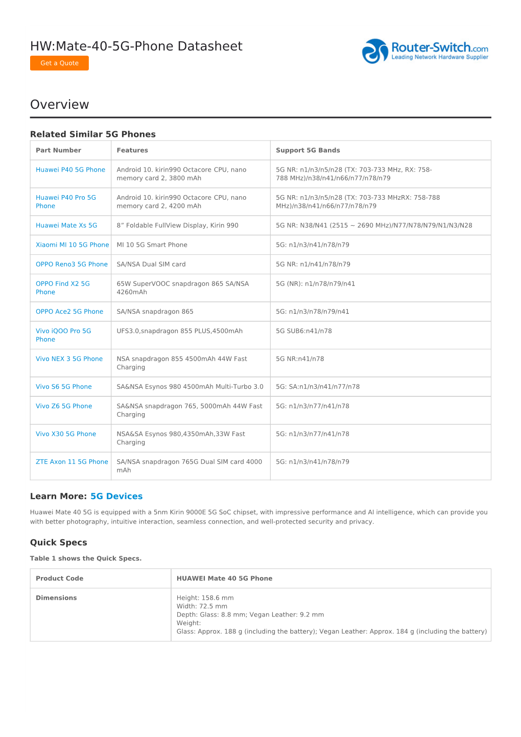 HW:Mate-40-5G-Phone Datasheet Overview