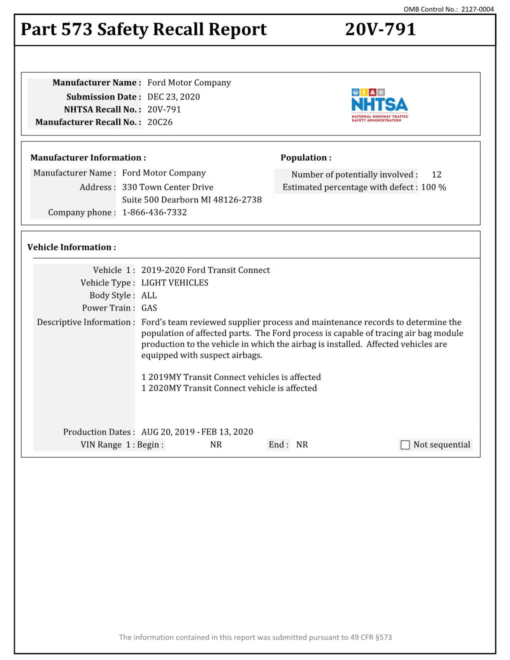 Part 573 Safety Recall Report 20V-791