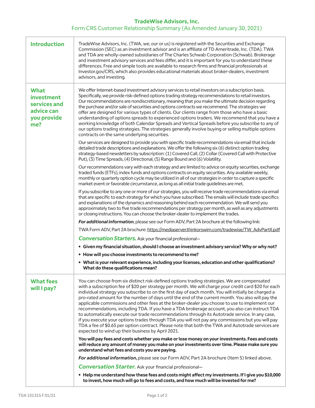 Tradewise Form CRS Customer Relationship Summary-TDA 0121