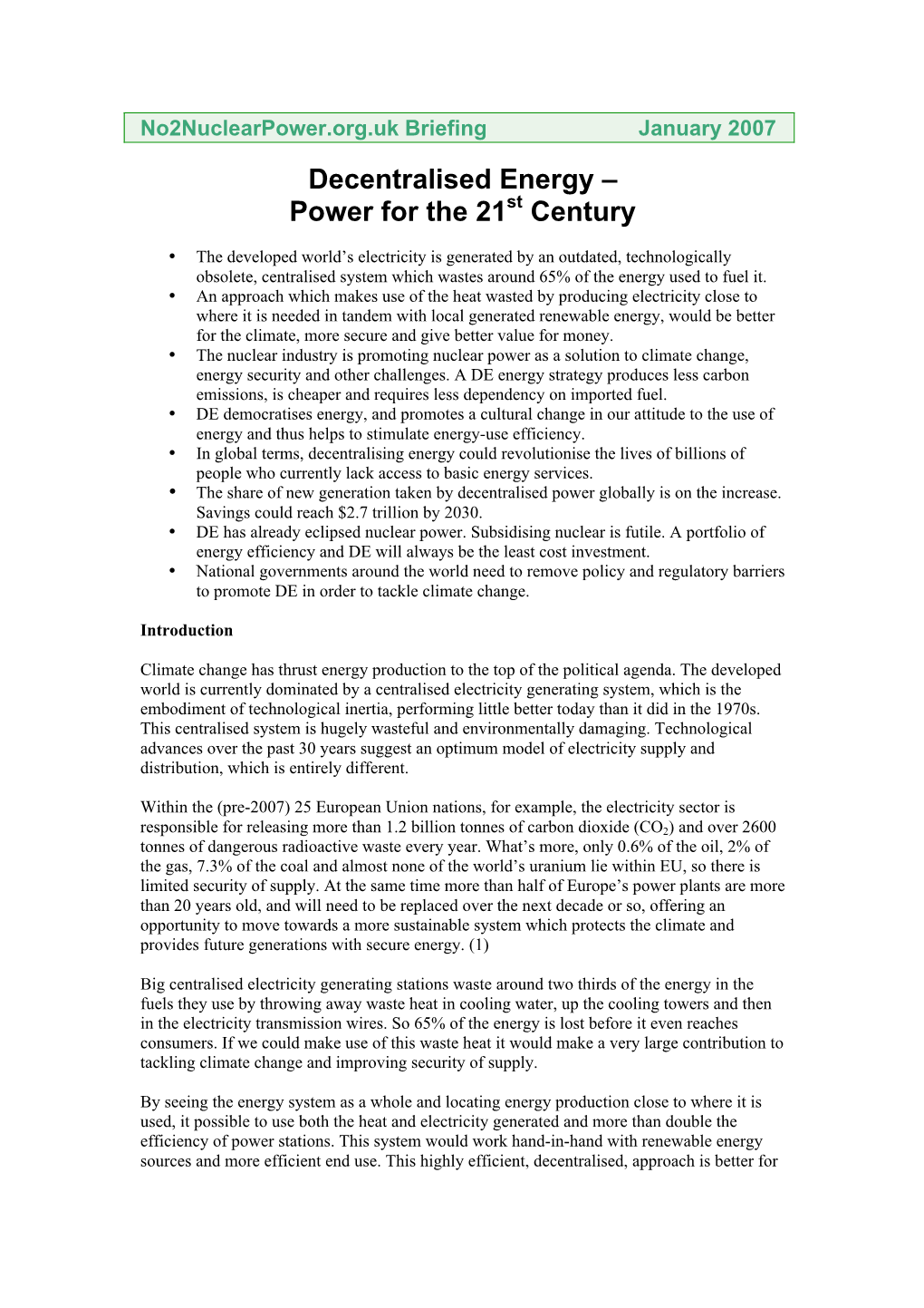 Decentralised Energy – Power for the 21St Century
