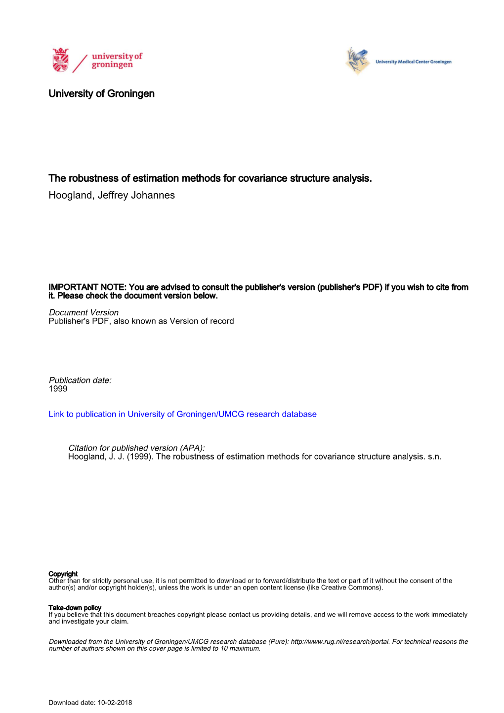 University of Groningen the Robustness of Estimation