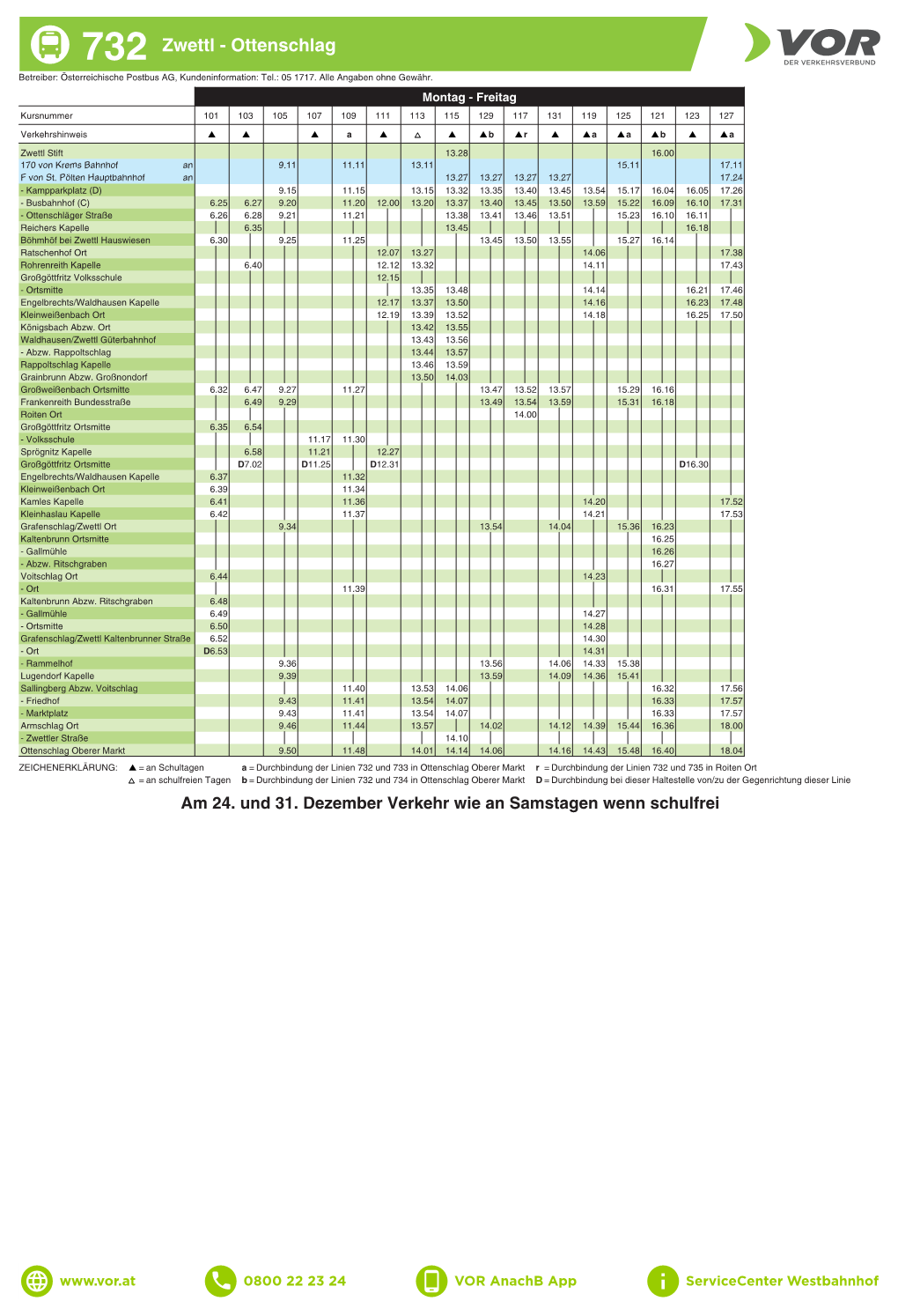 732 Zwettl - Ottenschlag Betreiber: Österreichische Postbus AG, Kundeninformation: Tel.: 05 1717