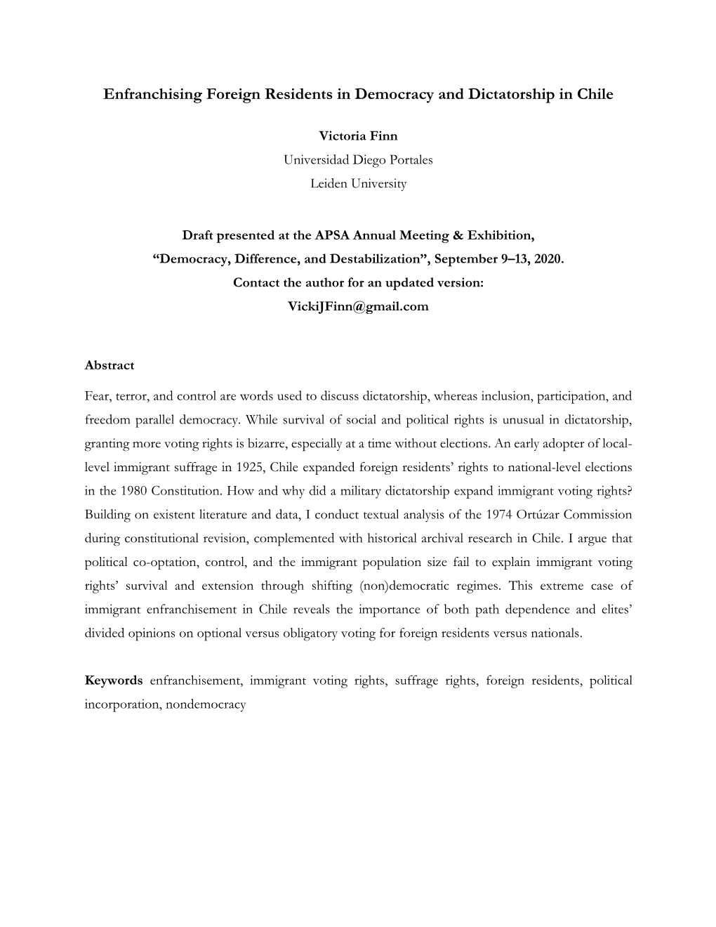 Enfranchising Foreign Residents in Democracy and Dictatorship in Chile