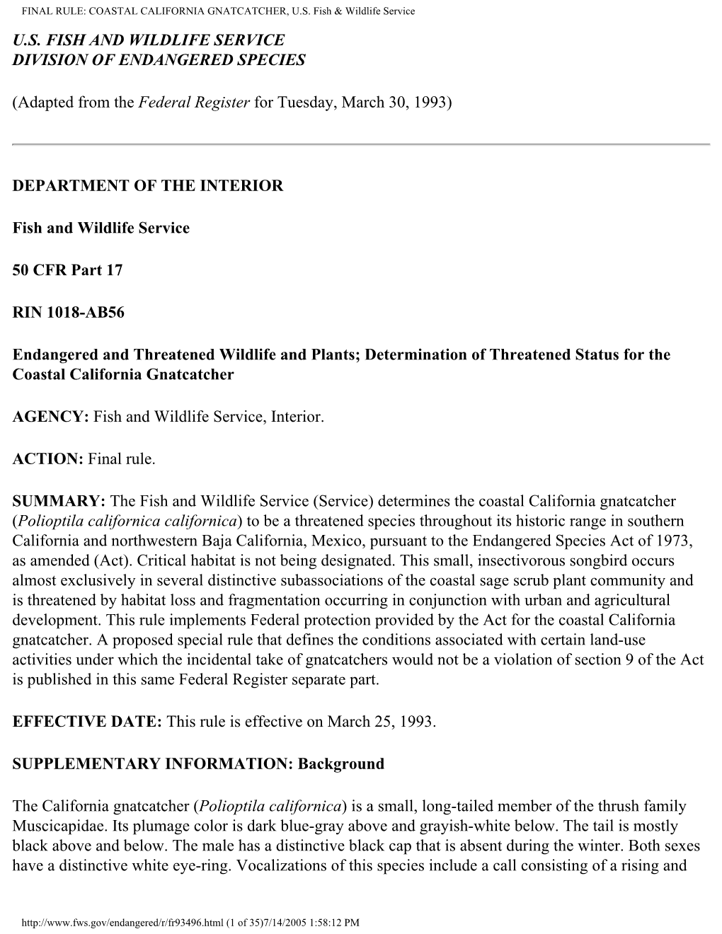 FINAL RULE: COASTAL CALIFORNIA GNATCATCHER, U.S. Fish & Wildlife Service U.S