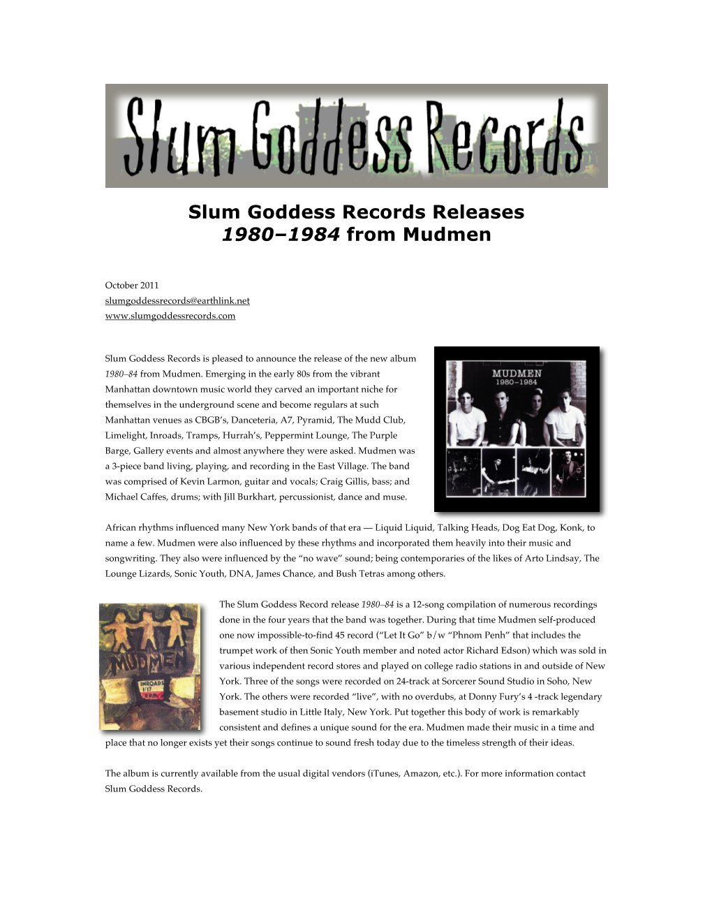 Slum Goddess Records Releases 1980–1984 from Mudmen