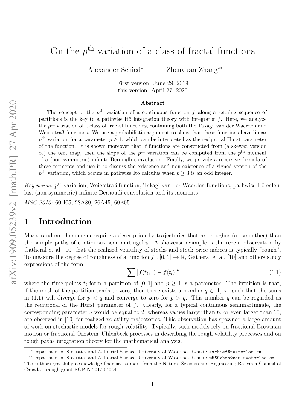 On the P Variation of a Class of Fractal Functions Arxiv:1909.05239V2 [Math