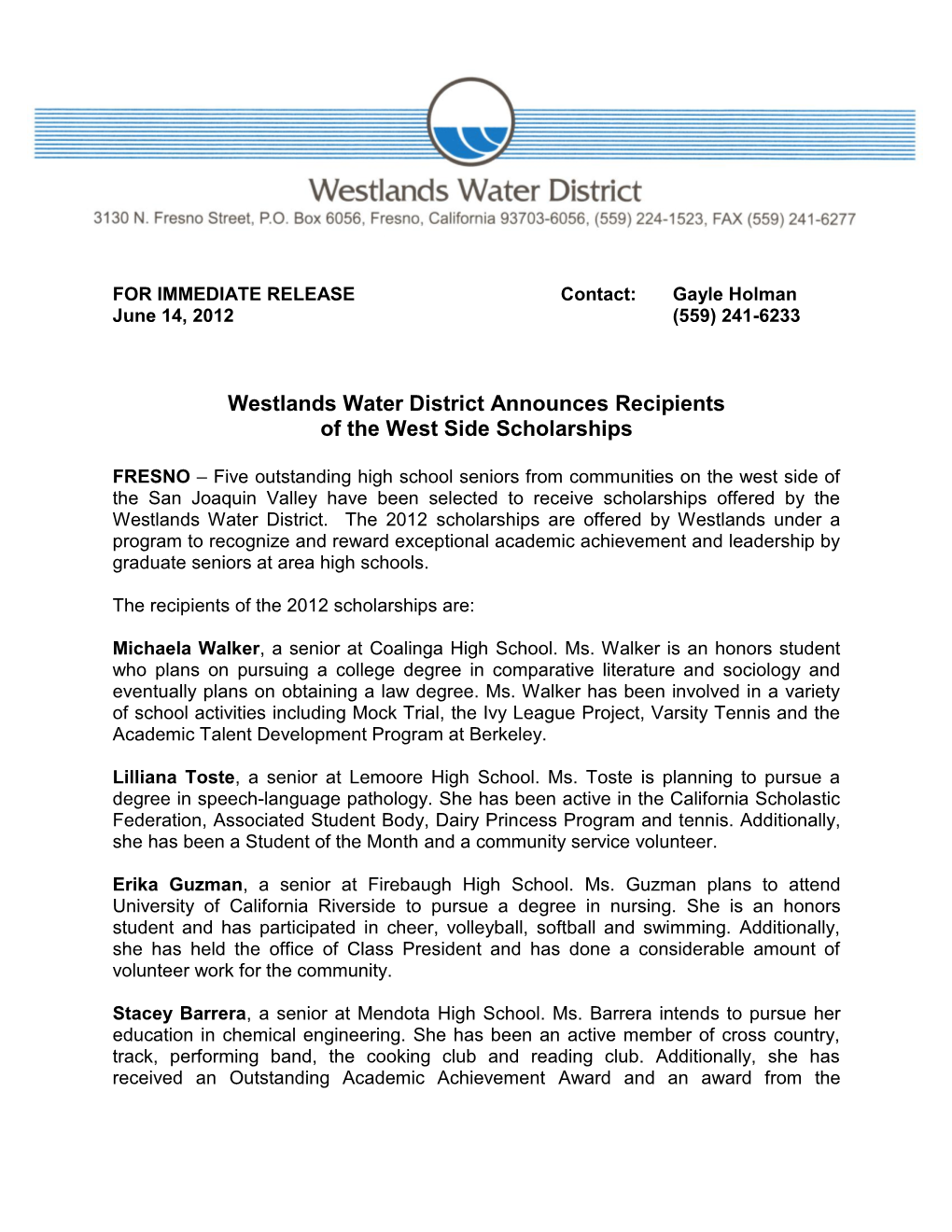 Westlands Water District Announces Recipients of the West Side Scholarships