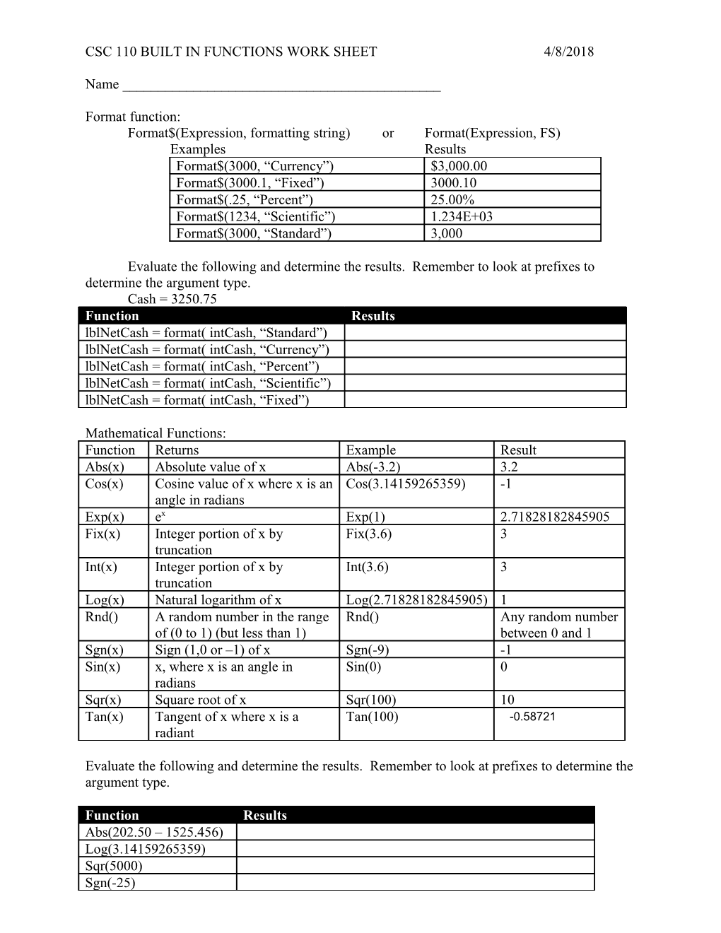 Csc 110 Built in Functions Work Sheet 11/13/2002