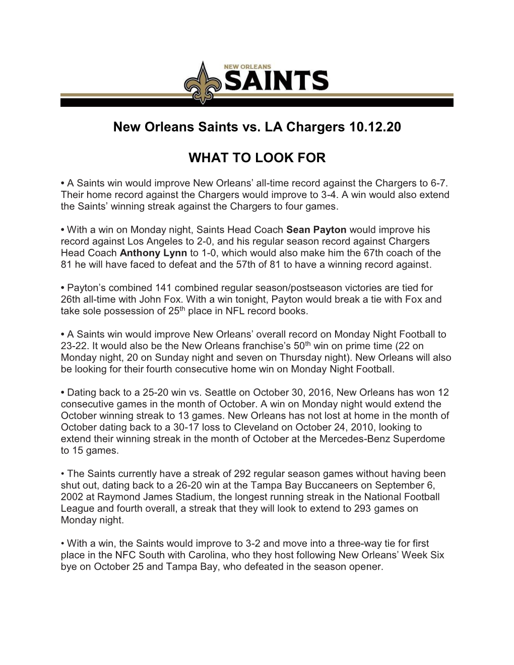 New Orleans Saints Vs. LA Chargers 10.12.20 WHAT to LOOK