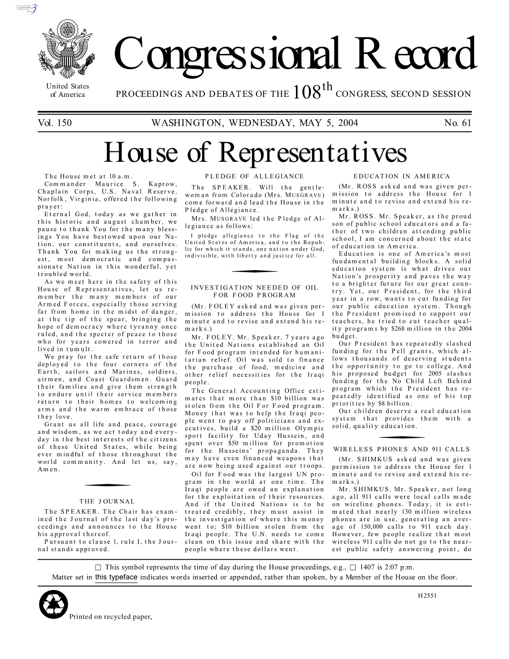 Congressional Record United States Th of America PROCEEDINGS and DEBATES of the 108 CONGRESS, SECOND SESSION