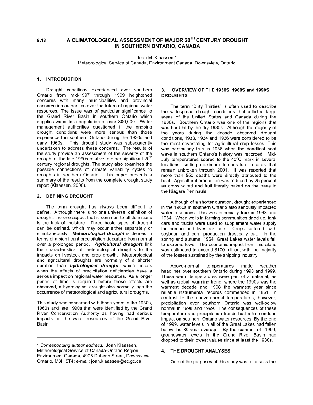 A Climatological Assessment of Major 20Th Century Drought in Southern Ontario, Canada