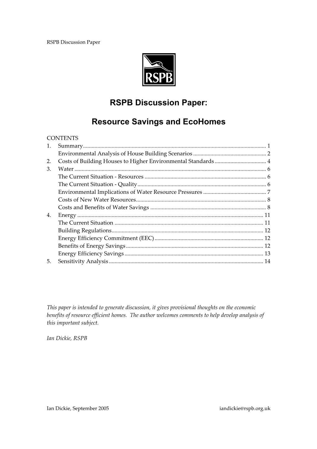 RSPB Discussion Paper: Resource Savings and Ecohomes