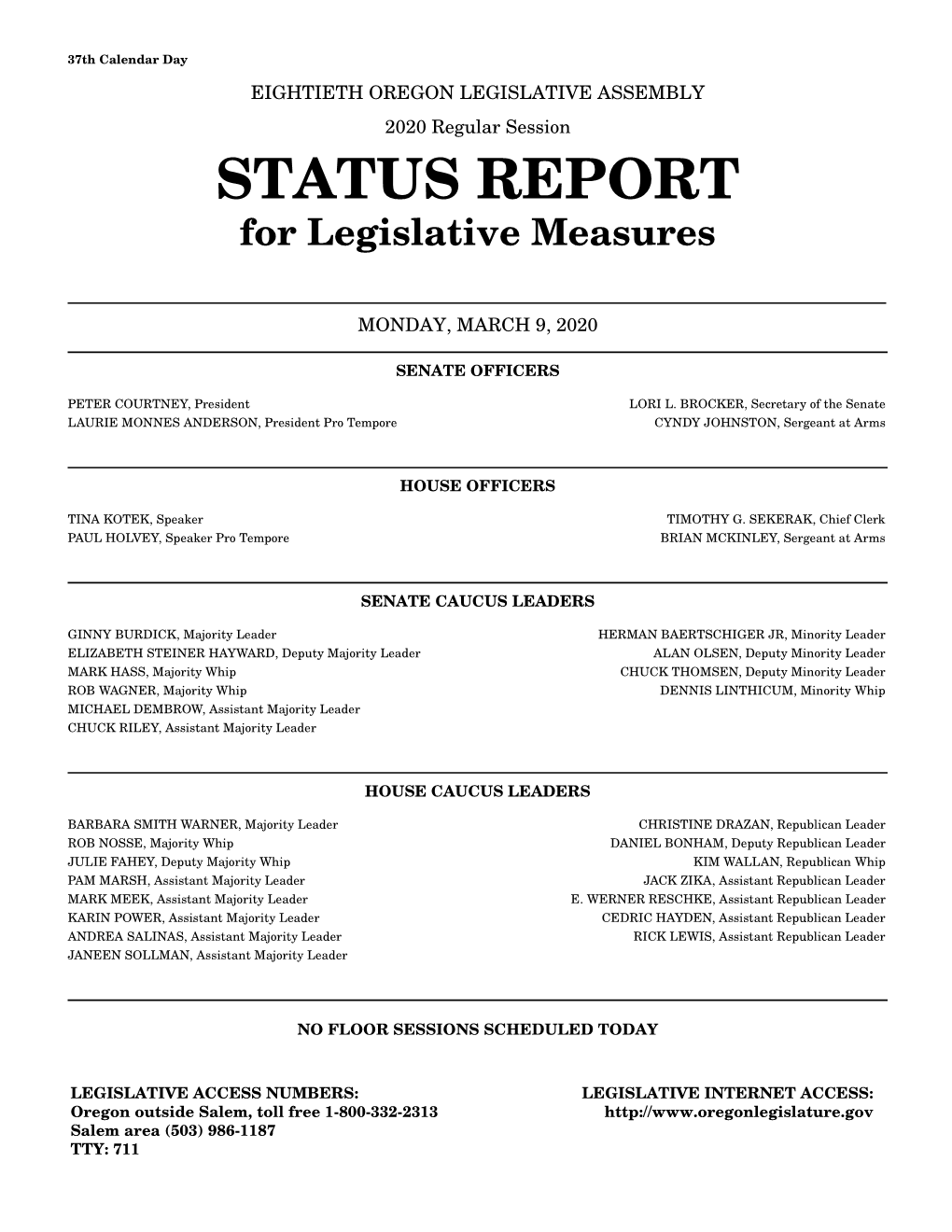 STATUS REPORT for Legislative Measures