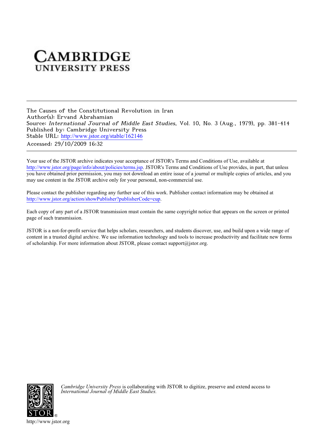 The Causes of the Constitutional Revolution in Iran Author(S): Ervand Abrahamian Source: International Journal of Middle East Studies, Vol