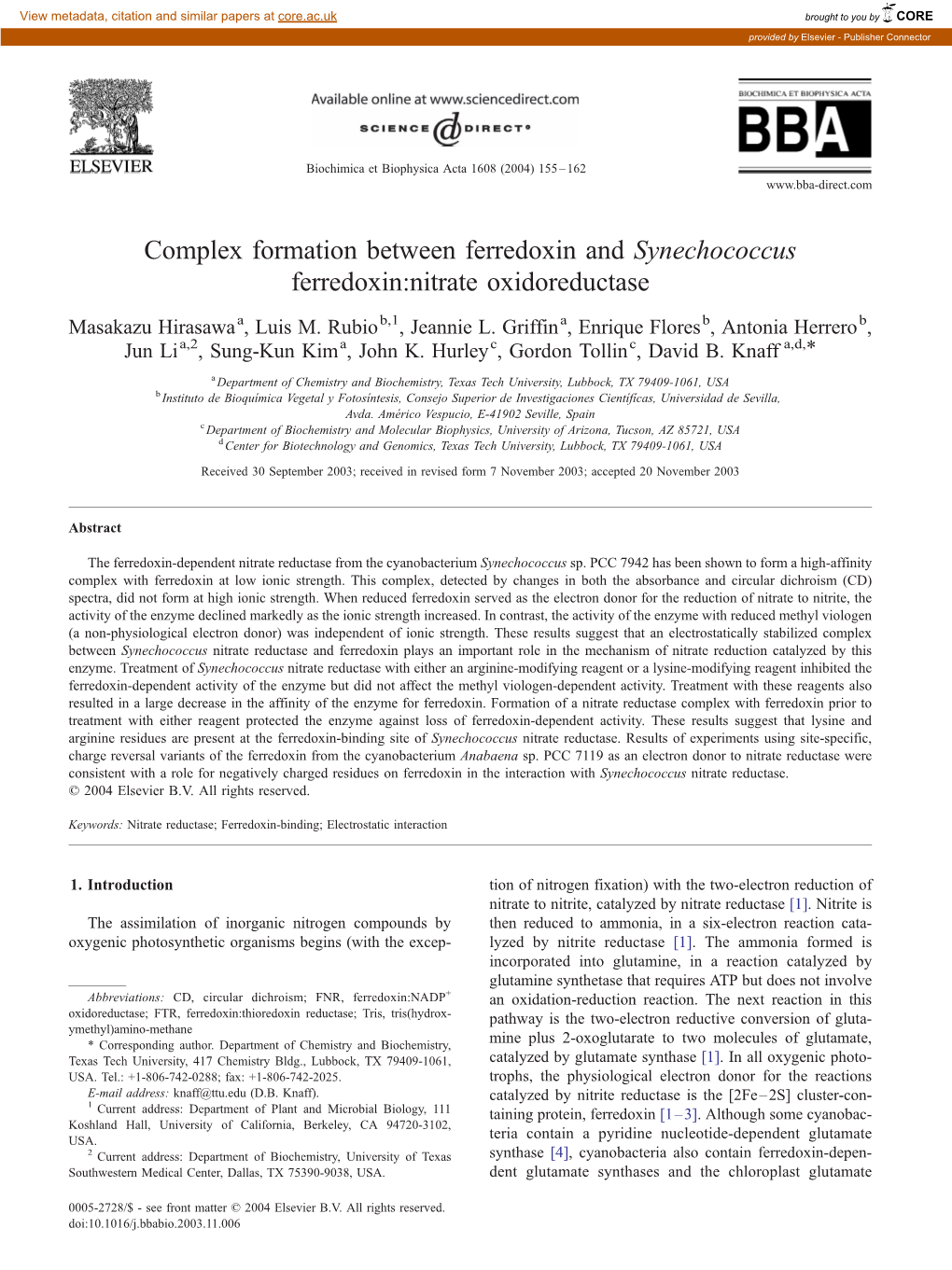 Complex Formation Between Ferredoxin and Synechococcus Ferredoxin:Nitrate Oxidoreductase