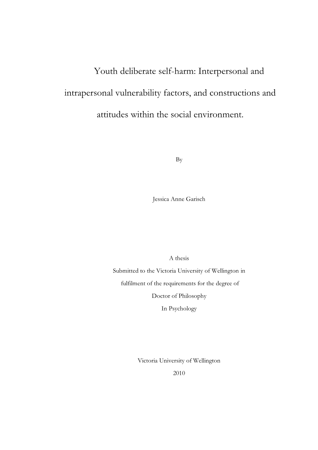 A Comprehensive Model of Deliberate Self-Harm Among Adolescents And