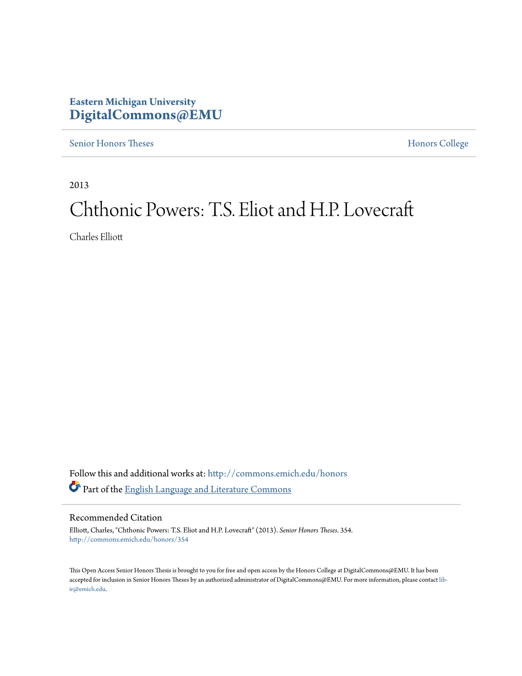 Chthonic Powers: T.S. Eliot and H.P. Lovecraft Charles Elliott