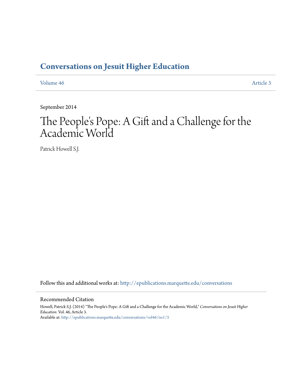 The People's Pope: a Gift and a Challenge for the Academic World the People’Speople’S