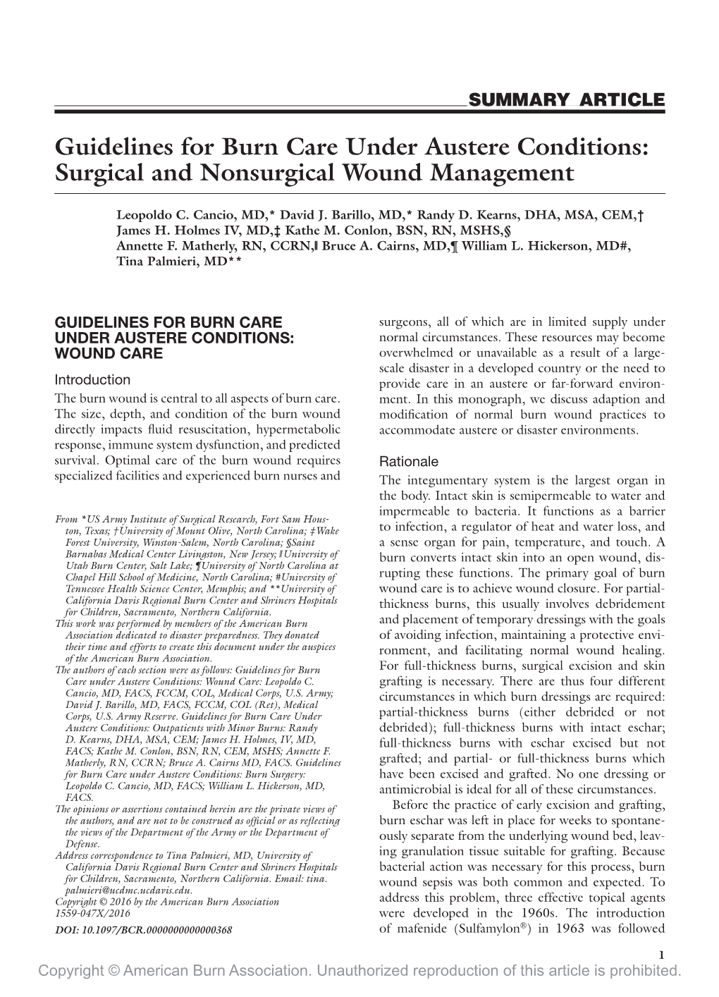 Guidelines for Burn Care Under Austere Conditions: Surgical and Nonsurgical Wound Management