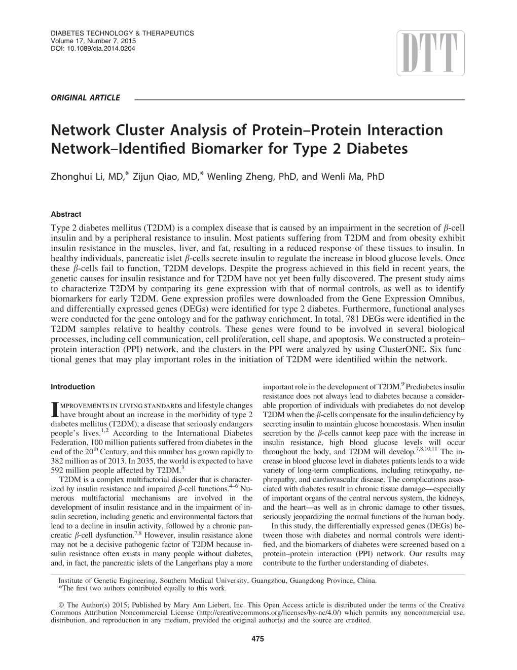 Network Cluster Analysis of Protein–Protein Interaction Network–Identiﬁed Biomarker for Type 2 Diabetes