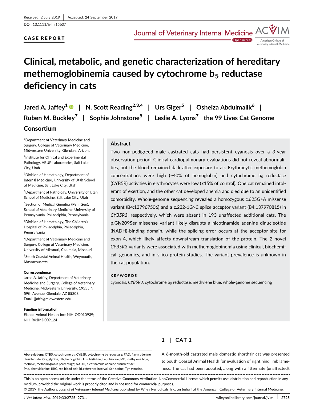 Clinical, Metabolic, and Genetic Characterization of Hereditary Methemoglobinemia Caused by Cytochrome B5 Reductase Deficiency in Cats